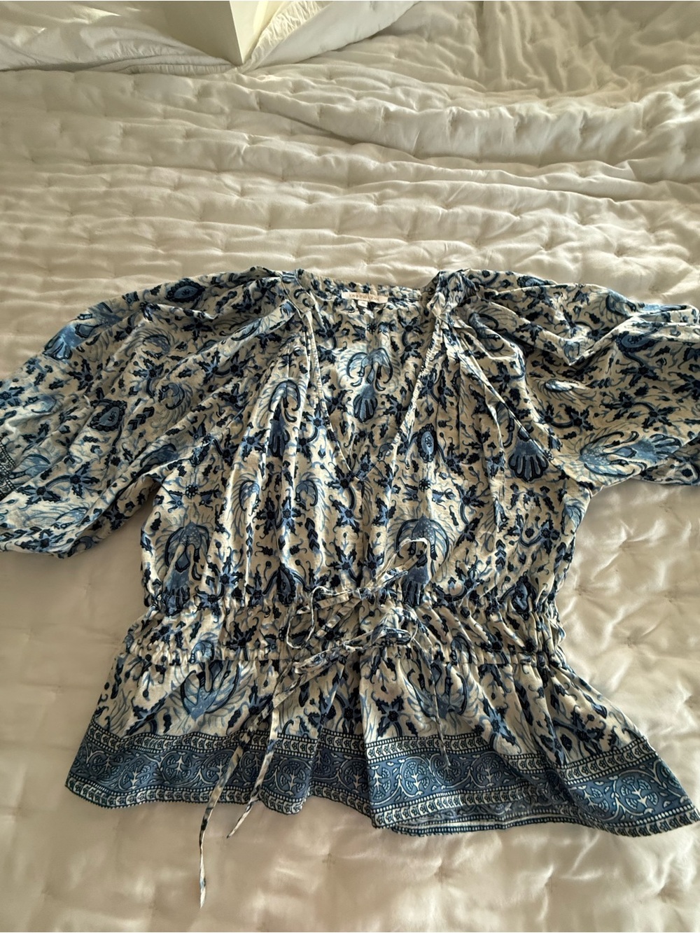 Love the Label Blue and White Floral Tie-Waist Peasant Tunic